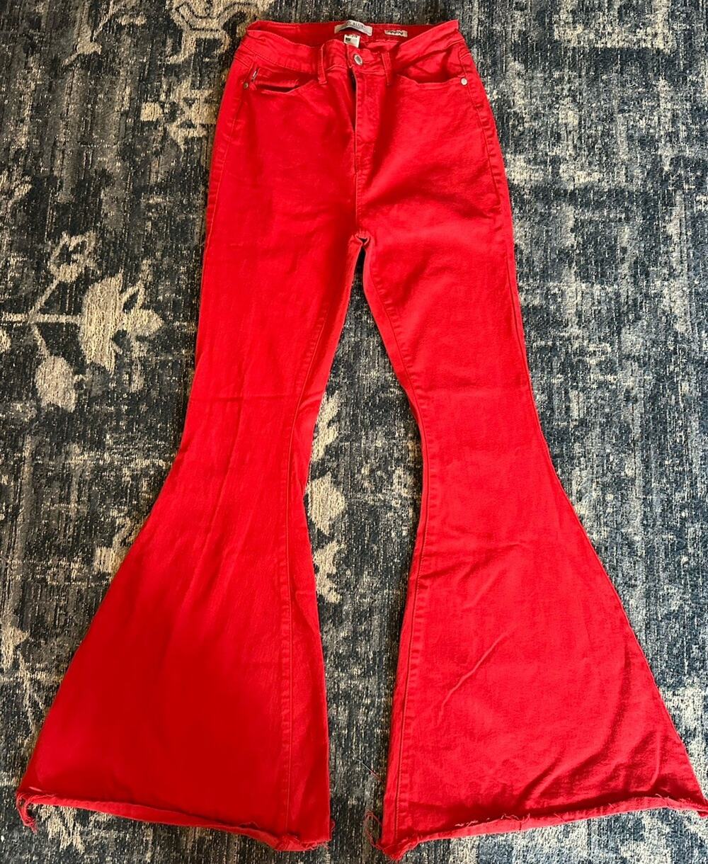 Judy Blue Jeans Womens 9/29 Red High Rise Superflare Flare Stretch Denim Raw Hem